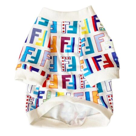 Back view of white dog sweatshirt showing all-over Furdi monogram print in multicolor design