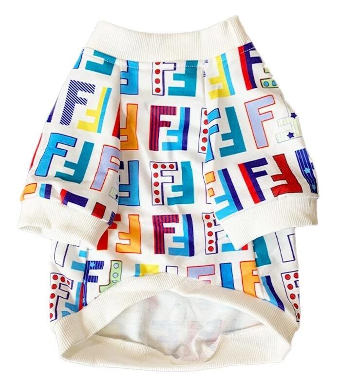 Back view of white dog sweatshirt showing all-over Furdi monogram print in multicolor design