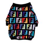 Black dog sweatshirt with colorful FF monogram pattern Fendi style on dark background