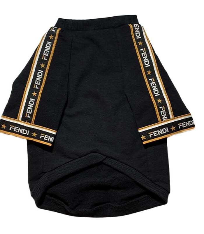 Black cotton dog sweatshirt with yellow Fendi logo tape trim on sleeves