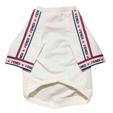 White cotton dog sweatshirt with red and blue Fendi logo tape trim on sleeves