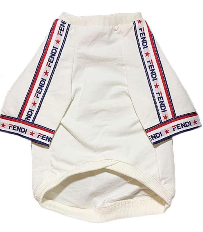 White cotton dog sweatshirt with red and blue Fendi logo tape trim on sleeves