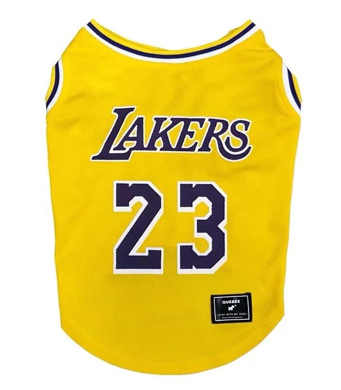 Yellow Lakers basketball jersey for dogs with #23 on back panel