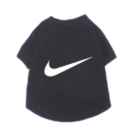 Black dog tee with white Nike swoosh logo inspired design on chest