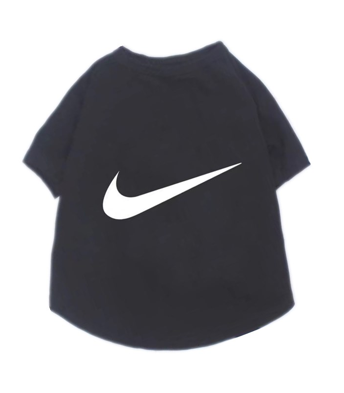 Black dog tee with white Nike swoosh logo inspired design on chest