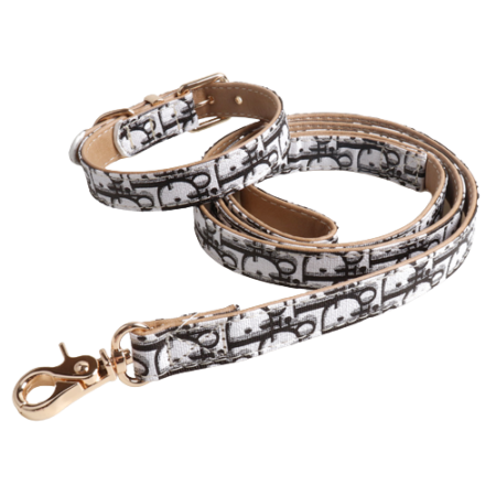 White and black Dogior oblique monogram dog collar and leash set with gold hardware