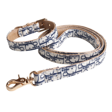 Blue and white Dogior monogram dog collar and leash set faux leather construction