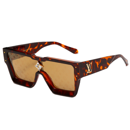 Brown tortoiseshell designer dog sunglasses with V logo and amber lenses