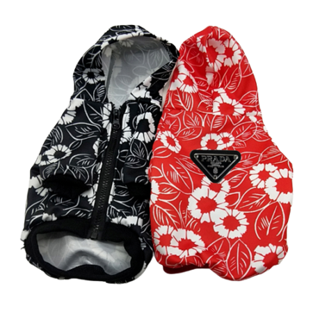 Black and red floral print dog hoodies Prada inspired with triangle logo detail