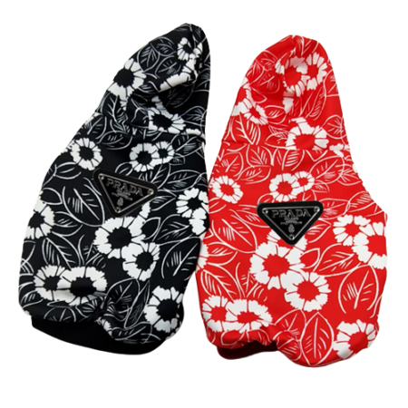 Black floral dog hoodie Pawda style with all-over botanical print and hood