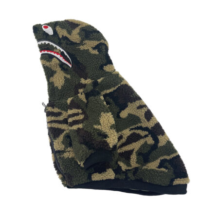 Side view of camo dog hoodie showing shark mouth detail and red eyes on hood