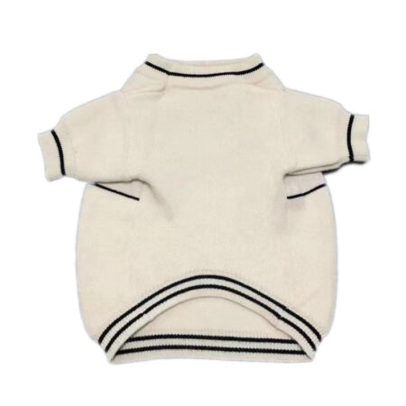 Back view of cream dog sweater with ribbed collar and black stripe details