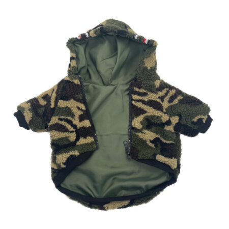 Green camo fleece dog hoodie with shark hood design inspired by BAPE on white background
