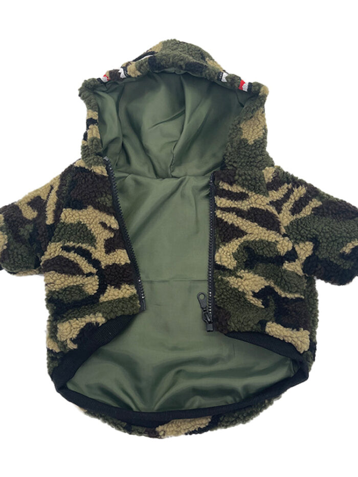 Green camo fleece dog hoodie with shark hood design inspired by BAPE on white background