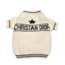 Cream knit dog sweater with black Christan Dior text and star logo Dior inspired