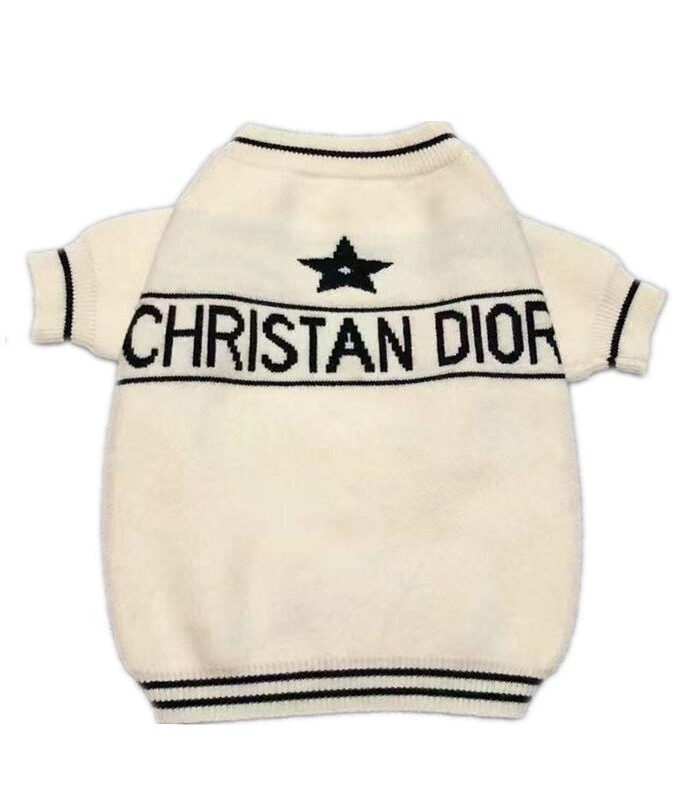 Cream knit dog sweater with black Christan Dior text and star logo Dior inspired