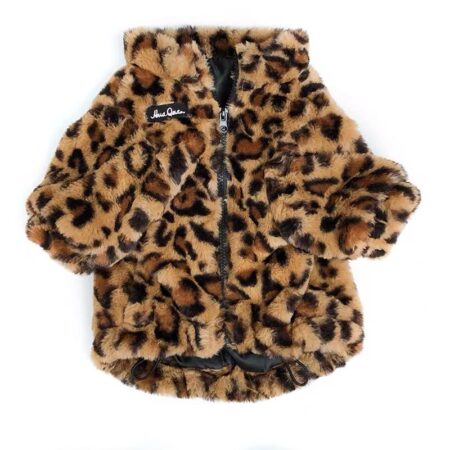 Leopard print faux fur dog jacket with full zip closure flat lay on white background