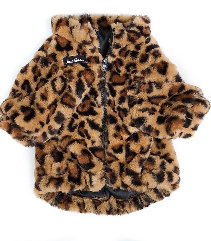 Leopard print faux fur dog jacket with full zip closure flat lay on white background