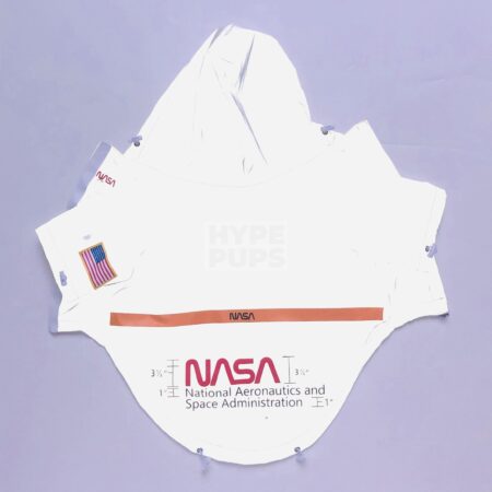 White NASA dog windbreaker with hood and American flag patch on sleeve