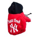 Red dog jacket with NY Yankees logo and black hood on white background