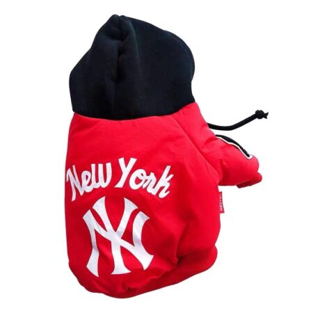 Red dog jacket with NY Yankees logo and black hood on white background