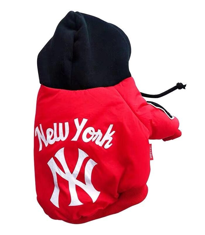 Red dog jacket with NY Yankees logo and black hood on white background