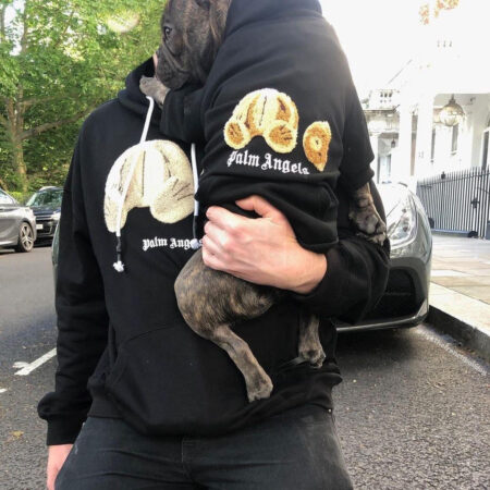 Person wearing black Palm Angels bear hoodie holding French bulldog in matching hoodie outdoors