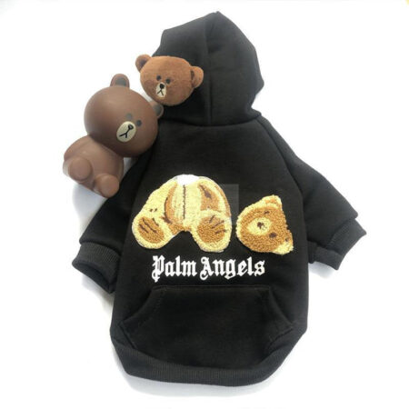 Black dog hoodie with embroidered teddy bear graphic Palm Angels style flat lay
