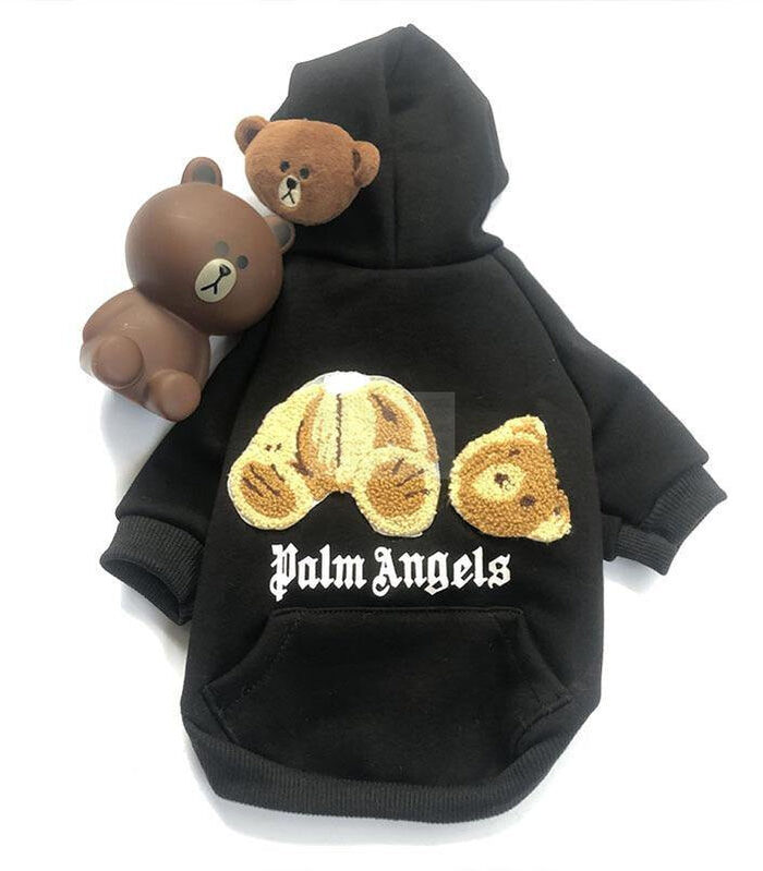 Black dog hoodie with embroidered teddy bear graphic Palm Angels style flat lay