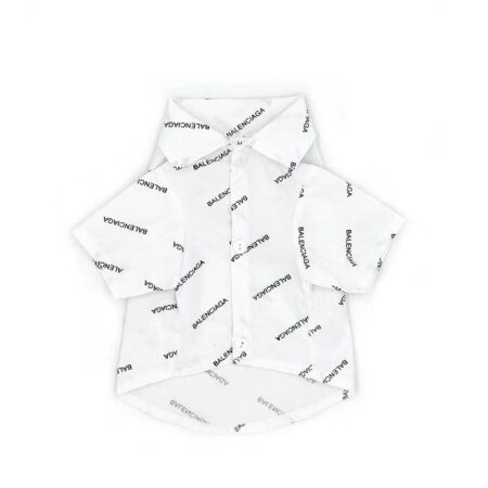 White dog button-up shirt with all-over Balenciaga logo print and classic collar