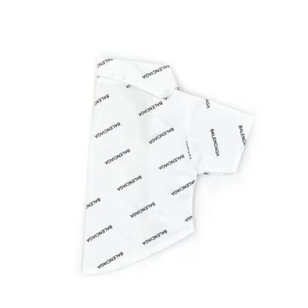 White Balenciaga-inspired dog shirt with typography print shown from front