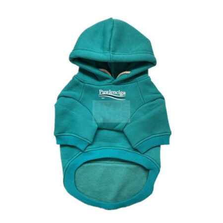 Teal Pawlenciaga logo dog hoodie with white branding and drawstring hood