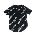 Black dog tee with all-over white Balenciaga logo print scattered design