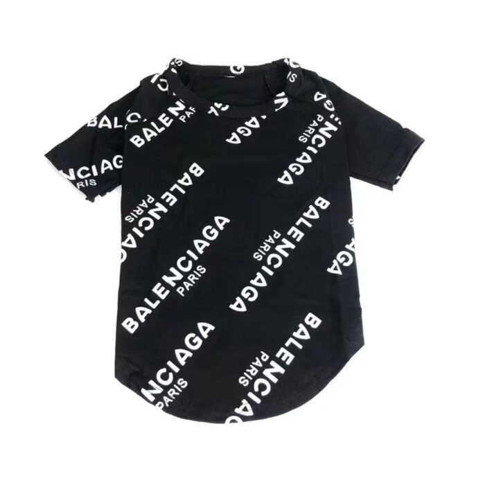 Black dog tee with all-over white Balenciaga logo print scattered design