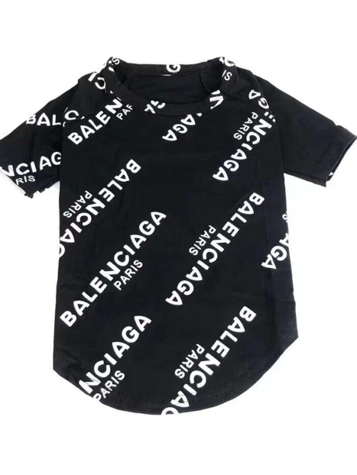 Black dog tee with all-over white Balenciaga logo print scattered design