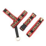 Black and red dog harness set with Versace text and gold medusa logos on white background