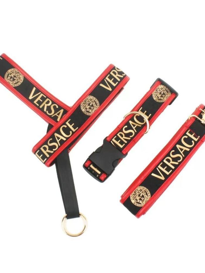 Black and red dog harness set with Versace text and gold medusa logos on white background
