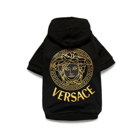 Black dog hoodie with gold Medusa head graphic and Greek key border Versace inspired