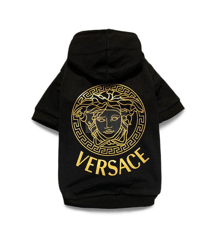 Black dog hoodie with gold Medusa head graphic and Greek key border Versace inspired