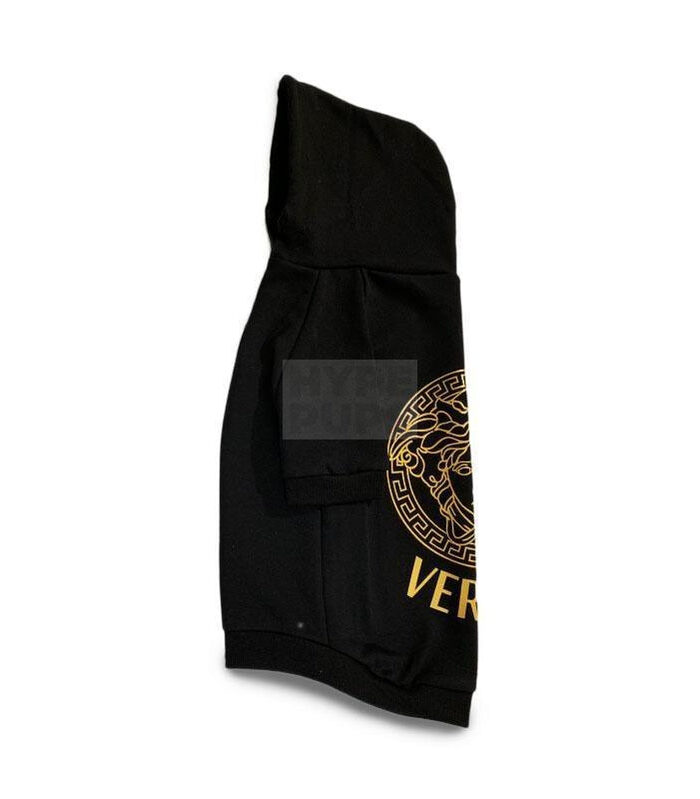 Side view black dog hoodie with gold baroque Medusa print and adjustable hood