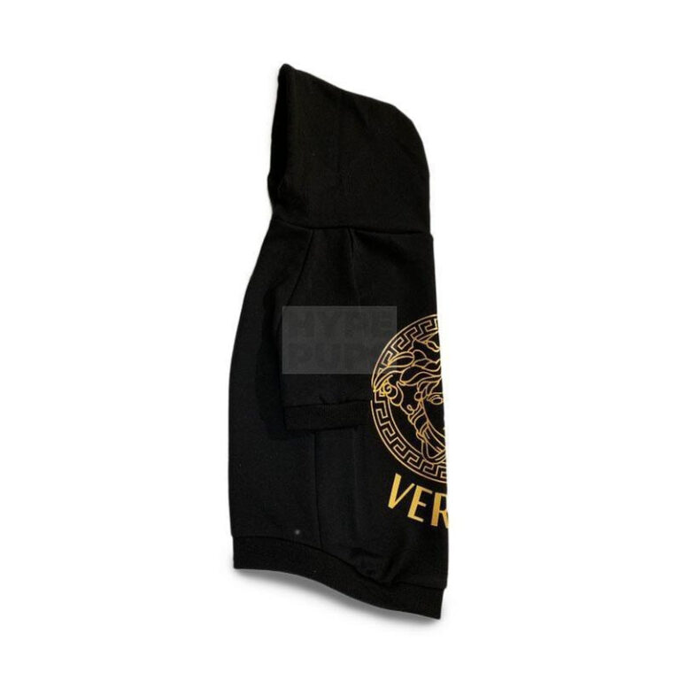 Side view black dog hoodie with gold baroque Medusa print and adjustable hood