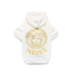 White dog hoodie with gold Medusa head design Versace style luxury dog clothing