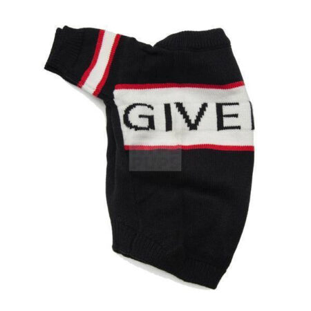 Black dog sweater with white logo stripe and red accent details Givenchy style