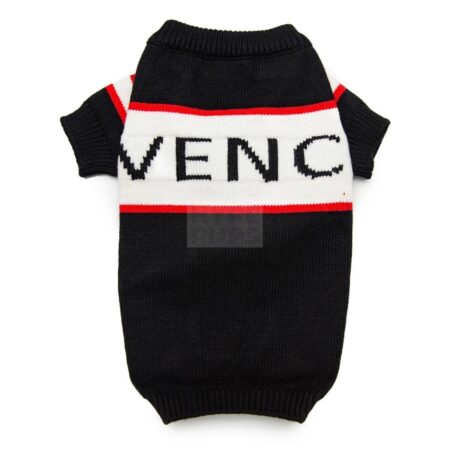 Black knit dog sweater with white Pawvenchy logo panel inspired by Givenchy