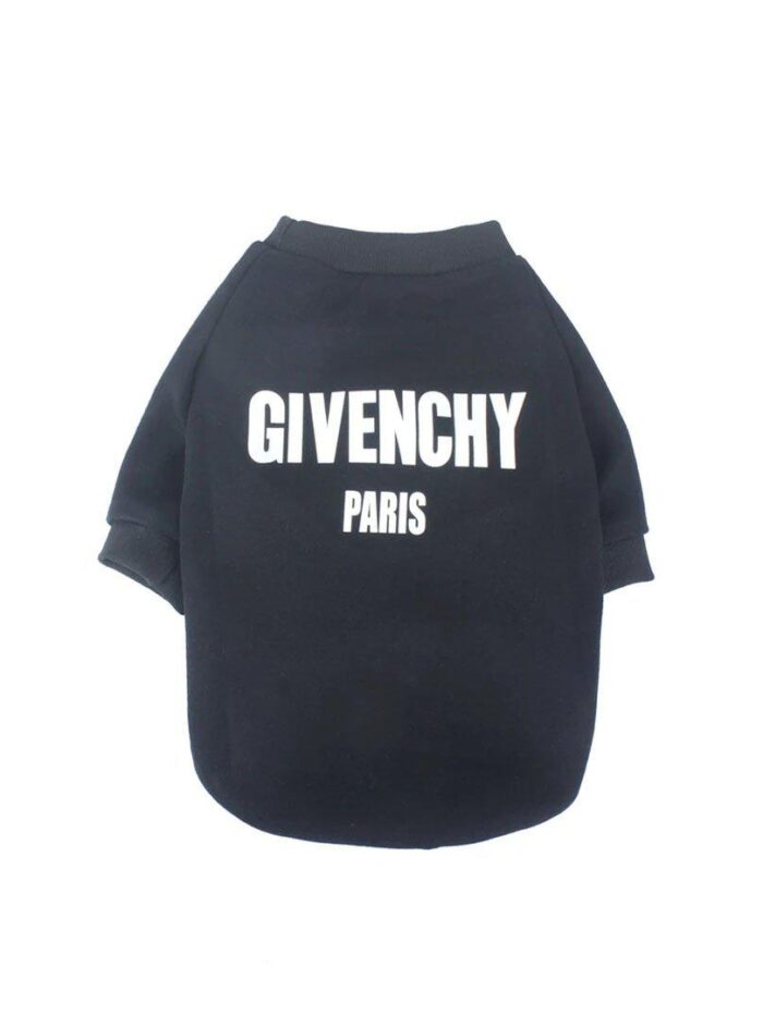 Black dog sweatshirt with white GIVENCHY PARIS text inspired by Givenchy on white background