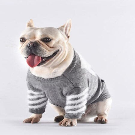 Grey knit dog sweater with white arrow graphics Off-White inspired on French Bulldog