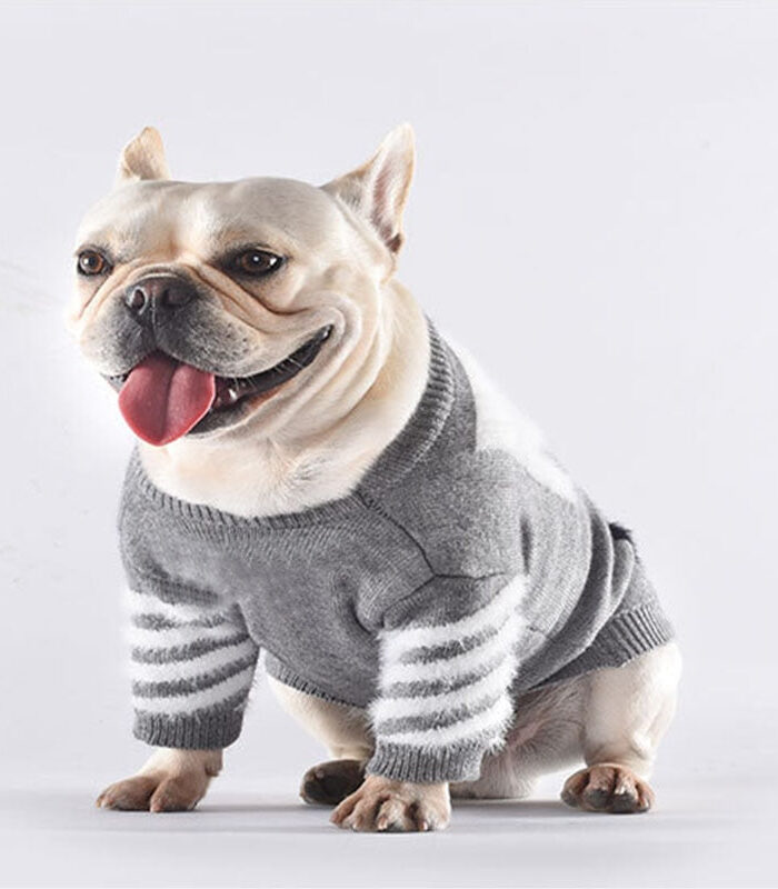 Grey knit dog sweater with white arrow graphics Off-White inspired on French Bulldog