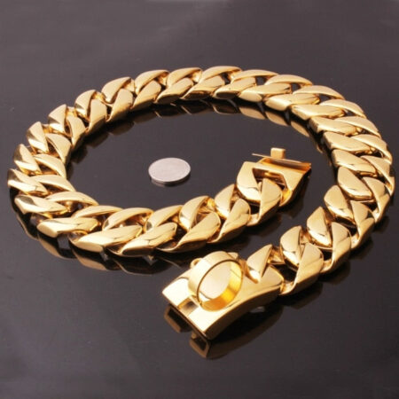 Cuban link dog collar with chain and clasp detail on dark surface with size reference coin