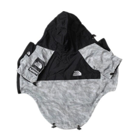 Snow camo and black dog windbreaker with Supreme North Face styling and chest panel design