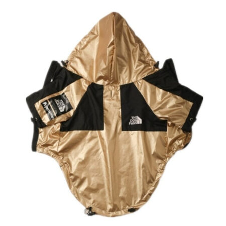 Gold and black colorblock dog windbreaker with Pupreme x TDF logos inspired by Supreme North Face collaboration